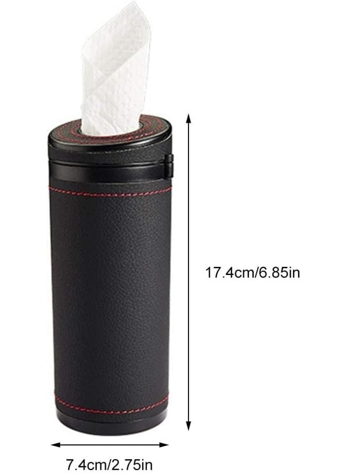 FAYET Car Cup Holder Tissue Dispenser Cylinder, Stylish ABS and Leather Travel Napkin Holder, Portable Round Tissue Canister for Vehicle, Home, Office (Black) - Image 4